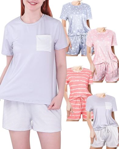 4 Pack Women's Pajama Set Short Sleeve Top with Pants Sleepwear Loungewear Sets with Pockets for Women in Saudi Arabia