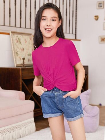 Milumia Girl's Casual Twist Hem Short Sleeve Round Neck Crop Top Tee Shirt Army Green 9 Years in Saudi Arabia