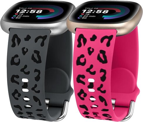 Minyee 2 Pack Leopard Engraved Band متوافق مع Fitbit Versa 4/Versa 3/Sense 2/Sense Band Women، حزام معصم بديل من السيليكون الناعم بلونين من الفهد، حزام معصم بديل صيفي فاخر لـ Versa 4 in Kuwait