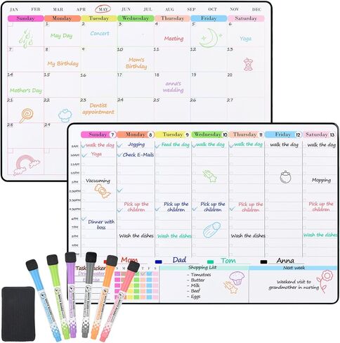 POPRUN Monthly Dry Erase Whiteboard Calendar & Family Weekly Chore Chart Set self Adhesive Stick on Non-Magnetic Stainless Fridge & Glass & Wall & Wooden (Any Smooth Surface), 16.5"×11" in Saudi Arabia