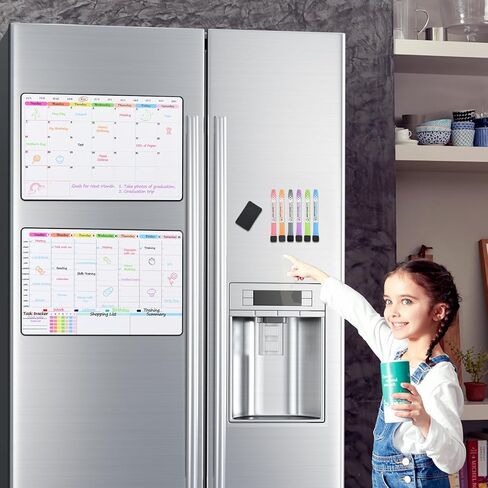 POPRUN Monthly Dry Erase Whiteboard Calendar & Family Weekly Chore Chart Set self Adhesive Stick on Non-Magnetic Stainless Fridge & Glass & Wall & Wooden (Any Smooth Surface), 16.5"×11" in Saudi Arabia