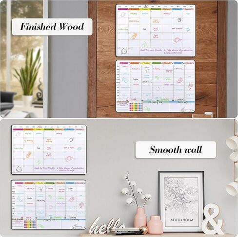 POPRUN Monthly Dry Erase Whiteboard Calendar & Family Weekly Chore Chart Set self Adhesive Stick on Non-Magnetic Stainless Fridge & Glass & Wall & Wooden (Any Smooth Surface), 16.5"×11" in Saudi Arabia