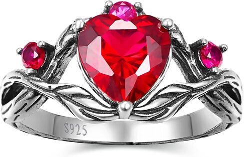 Heart Birthstone Ring for Women Oxidized Silver Engagement Ring Green Emerald/Moss Agate/Red Ruby Gemstone Promise Ring Jewelry Ring Gift for Love Mother Wife Bride Sister Girl Size 5-9 in Saudi Arabia