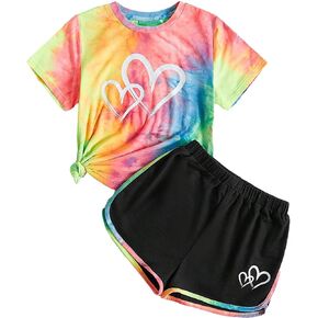 Girl's 2 Piece Tie Dye Heart Print Round Neck Short Sleeve Tee Top and Track Shorts Sets Casual T Shirt Tracksuit