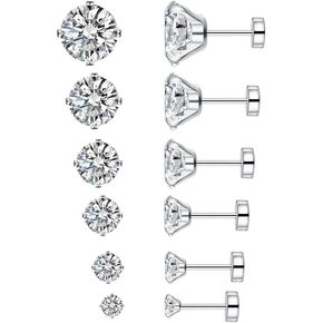 6 Pairs 18g 20g Stainless Steel Cubic Zirconia Stud Earrings for Women Men Cartilage Ear Piercings Helix Tragus 3-8mm Set Flat Screw Backs