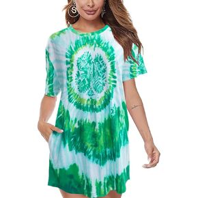 JINTING Women St.Patrick's Day Dress Shamrock Short Sleeve T-Shirt Tie Dye Loose Dress with Pockets Round Neck Shirt Dress