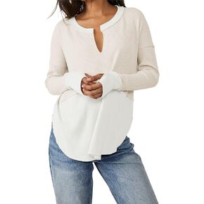AEJENNIO Waffle Knit Long Sleeve Shirt Women V Neck Henley Tops Casual Loose Blouses Tunic Lightweight Pullover Thumb Hole