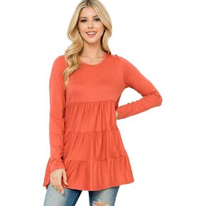 RIAH FASHION Casual Ruffle Hem Loose Peplum Top - Flowy Pleated T-Shirt Tunic Long Sleeve Plaid, Tie Dye, Floral Print, Solid