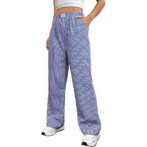 OYOANGLE Women's Straight Wide Leg Trousers Striped Print Letter Patched Detail High Waist Y2K Fashion Pants