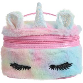 Women Girls Kids Fluffy Faux Fur Unicorn Makeup Bag Small Cosmetic Organizer Plush Travel Storage Bags Toiletry Kit Case Rainbow