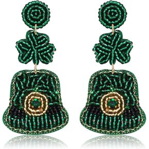 St. Patrick's Day Earrings Beaded Green Leaf Clover Dangling Earrings Handmade Irish Flag Heart Lucky Shamrock Hat Earrings Drop Dangle Earrings Irish Holiday Jewelry Gift for Women Girls