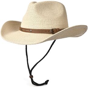 FURTALK Straw Cowboy Sun Hats for Women Men Western Cowgirl Hats Wth Wind Lanyard UPF 50+ Beach Hat