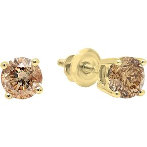Dazzlingrock Collection Round Champagne Diamond Classic Solitaire Screw Back Stud Earrings for Women in 14K Gold