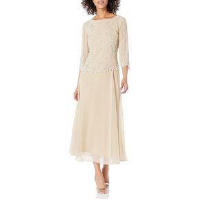 J Kara Women's Petite 3/4 Sleeve Beaded Floral Asymmetrical Dress