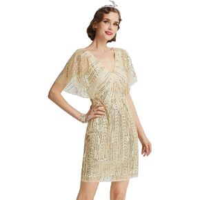 BABEYOND 1920s Flapper Sequin Beaded Dress Deep V Neck Roaring 20s Great Gatsby Dress