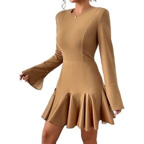Women's Casual Dress Long Sleeve Crewneck Ruffle Hem Pleated Bodycon Mini Dress