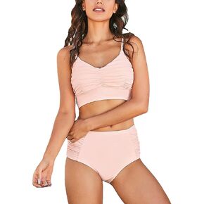 PinUp Angel Women Two Pieces Pleated Bikini Adjustable High Waisted Spaghetti Tankini Swimsuit