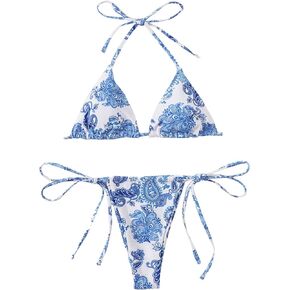 Floerns Women's 2 Piece Printed Halter Tie Side Triangle Bikini Swimsuit