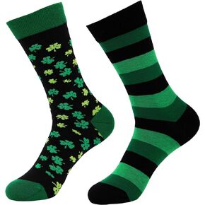 St. Patrick's Day Socks 2 Pairs Mens Novelty Black Green Shamrock Stripe Irish Crew Dress Socks for Women Gift