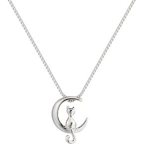 Chereda Power Necklace S925 Sterling Silver Cat On Moon Animal Pendant Necklace 18"