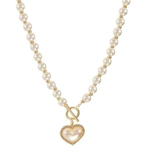 Pearl Heart Choker Necklace Gold Plated Y2k Dainty Charm Love Heart Shaped Chic Crystal Cubic Zirconia Pearl Beaded Clavicle Necklace for Women Teen Girls Wedding Bridal Birthday Fashion Jewelry Gifts