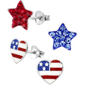 set of 2 pairs 925 Sterling Silver American USA Flag Heart Stud and red & Blue Crystals Star Earrings (Nickel Free)