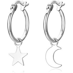 Asymmetrical Star Moon Dangle Hoop Earrings for Women Teen Girls S925 Sterling Silver White Gold Plated Charms Tiny Star Crescent Moon Drop Dangling Polished Cartilage Leverback Earrings Cute Jewelry