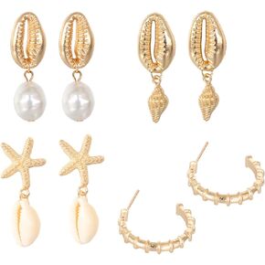 4 Pairs Boho Seashell Conch Earrings Set Gold Plated Charm Starfish Cowrie Shell Pearl Sea Ocean Animal Dangle Drop Earrings for Women Teen Girls Bohemian Hawaiian Summer Beach Holiday Fashion Jewelry Gifts