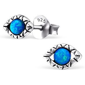 Tiny Evil Eye Synthetic Opal Silver Earrings Antique Style Stering Silver 925 Post Studs (E23675)