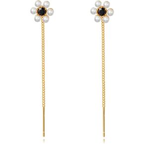 SLUYNZ Sterling Silver Pearls Flower Dangle Earrings for Women Teen Girls Peals Dangle Earrings Flower Threader Earrings Tassel