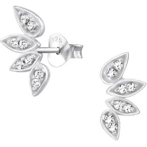 .925 Sterling Silver CZ Leaf Stud Earrings