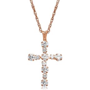 Jewelili 10K Gold 2 MM and 3 MM Round White Cubic Zirconia Cross Pendant Necklace, 18" Gold Filled Rope Chain
