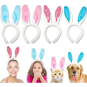 4Pcs Bunny Ear Headbands,Easter Rabbit Soft Plush Ears Head-Wears Colorful White Blue Pink Green Assorted Adult Kid Rabbit Hairbands Perfect For Women Girls Boys Men Easter Costume Party Favor Cosplay