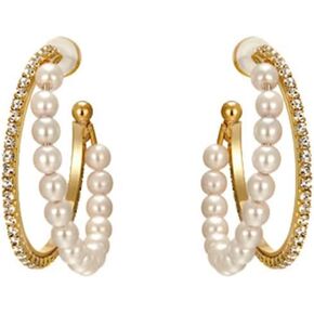 Double Layers Open Hoop Earrings for Women Girls 14K Gold Plated Sterling Silver Pins Rhinestone CZ Pearl C Shaped Stud Earrings Wrap Cuffs 40mm Hoops Dainty Ear Jewelry Gifts