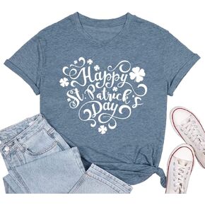 Happy St Patrick's Day Cotton Shirt for Women Clover Graphic Print Summer Athletic Short Sleeve Roundneck Casual Tee Tops