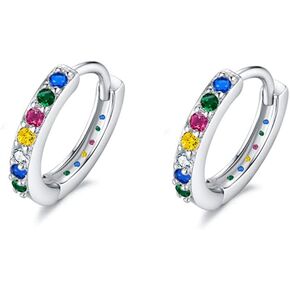 7mm Rainbow CZ Cuff Sleeper Tiny Small Cartilage Huggie Hoop for Women Teen Girls Sterling Silver Multicolor Cuff Hoops Cute Crystal Hooped Hypoallergenic Gifts Daughter Christmas