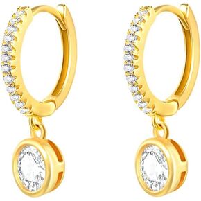 Chic Huggie Small Cuff Cartilage Hoop With Round Cut CZ Charm 925 Sterling Silver Short Dangle Drop Earrings for Women Girls Dainty Cute Crystal Minimalist Tiny Mini Sleeper Hoops Hypoallergenic Piercing Gifts Daughter Bff Birthday Christmas