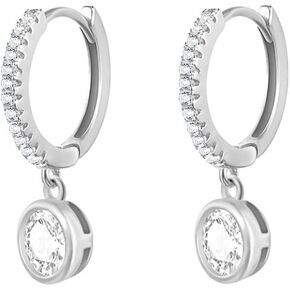 Chic Huggie Small Cuff Cartilage Hoop With Round Cut CZ Charm 925 Sterling Silver Short Dangle Drop Earrings for Women Girls Dainty Cute Crystal Minimalist Tiny Mini Sleeper Hoops Hypoallergenic Piercing Gifts Daughter Bff Birthday Christmas