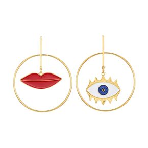 Doubnine Large Hoop Circle Bohemian Earrings Asymmetry Dangle Funny Gold Red Lips Eyes 70's Vintage Women Jewelry