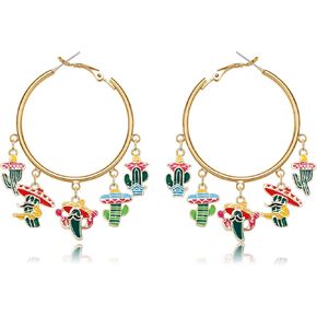 Cinco De Mayo Hoop Earrings for Women Girls , Mexican Fiesta Red Chili Pepper Hoop Earrings , Hypoallergenic Big Circle Green Cactus Sombrero Charms Hoop Earrings ,Statement Colorful Enamel Cinco De Mayo Day Earrings Jewelry Mexican Holiday Party Gift