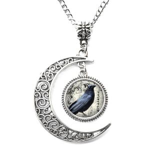 Charm Crescent Moon Poe's Raven Pendant, Raven Necklace Poe Nevermore Goth Jewelry Literary Pendant, Raven Jewellery