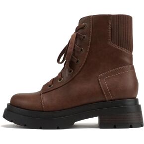 Soda “AMINA" ~ Women Round Toe Lace-Up Platform Lug Sole Low Heel Combat Ankle Boot with Sweater Top Shaft Side Zipper
