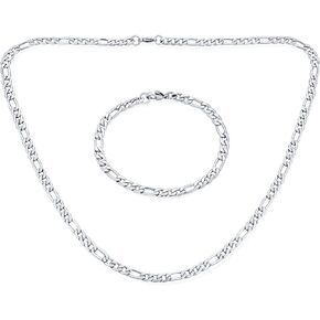 Light Weight Strong 5MM Silver Tone Stainless Steel Bracelet Necklace Flat Figaro Link Jewelry Set For Men For Teen