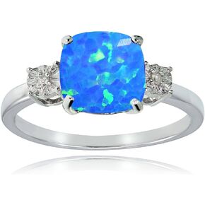 Sterling Silver Created Blue Opal and Cushion-cut Ring