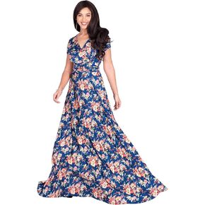 KOH KOH Womens Cap Sleeves Floral Print V-Neck Summer Elegant Long Maxi Dress