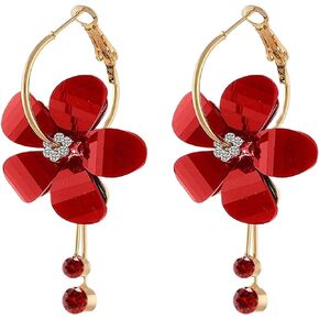 Romantic Colorful Cubic Zircon Crystal Acrylic Rose Flower Round Circle Hoop Dangle Drop Earrings Elegant Petal Pendant Tassel Jewelry for Women Girls