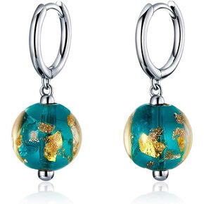 Dainty Blue Earth Drop Dangle Small Hoop Earrings for Women Girls 925 Sterling Silver Gold Continents Round Murano Glass Ball Earring for Sensitive Ear Fashion Jewelry Souvenir Gift