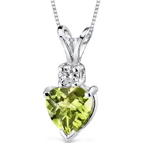 PEORA 14K White Gold Peridot and Diamond Pendant for Women, Genuine Gemstone Birthstone, Heart Shape Solitaire, 6mm, 1 Carat total