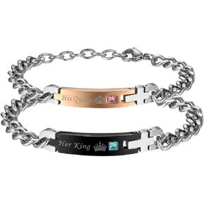 Cupimatch Stainless Steel His Queen Her King Couple Adjustable Bracelet Matching Set With Cubic Zirconia