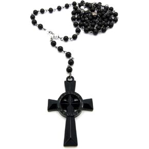Jet Black-Tone Veritas Aequitas Cross Glass Bead Rosary 30" Necklace XC313BP-BK
